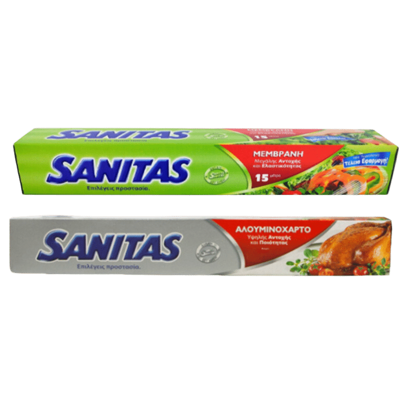 Sanitas Alouminocharto (Aluminiumfolie) (20m)1x Memvrani (15m) Sanitas (Frischhaltefolie) von Sanitas bei Araxxon  - Hochwertiges griechisches Produkt.   Sanitas Alouminocharto (Aluminiumfolie) (20m)1x Memvrani (15m) Sanitas (Frischhaltefolie) από Sanitas στο Araxxon  - Αυθεντικό ελληνικό προϊόν.